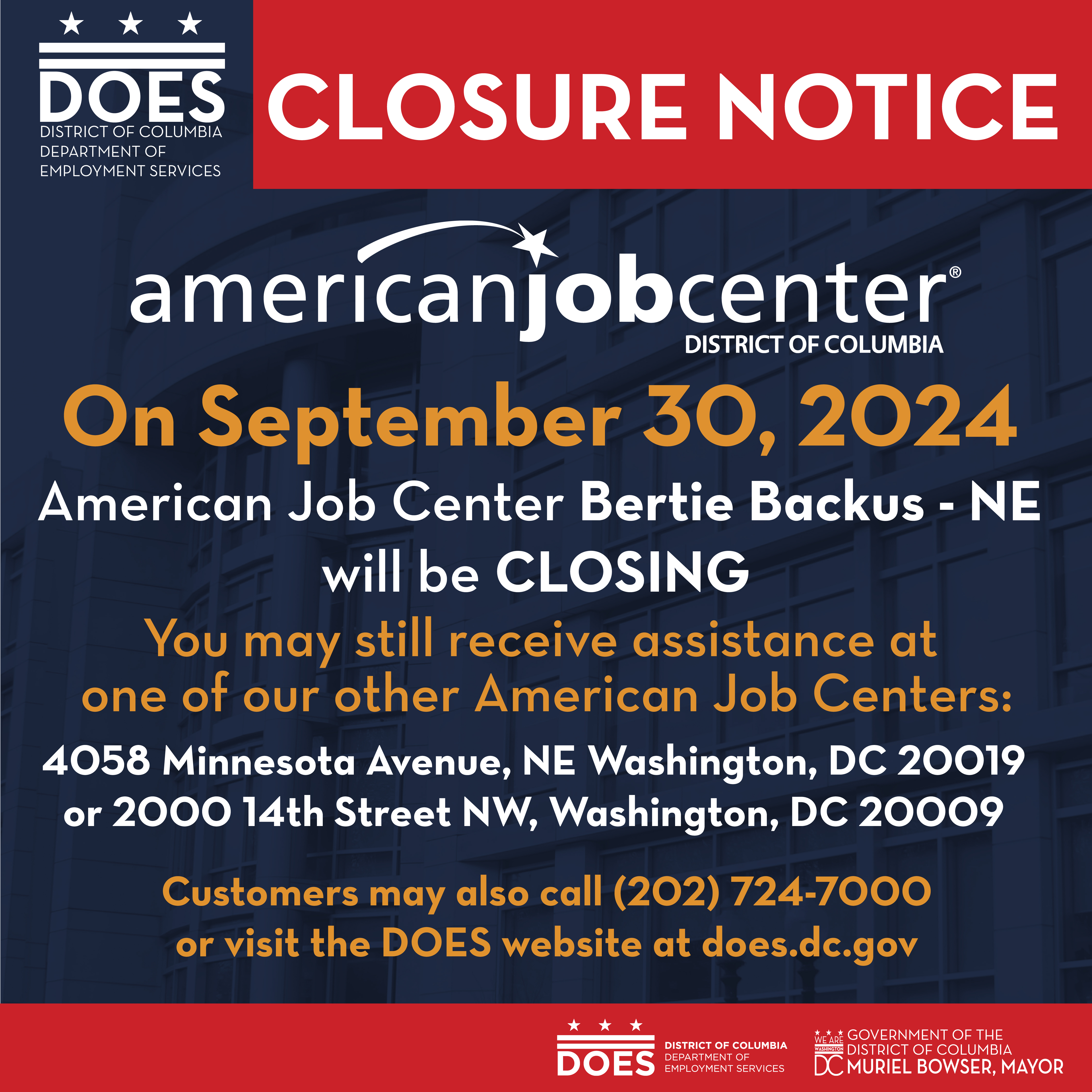 Closure Notice - American Job Center Bertie Backus-NE 